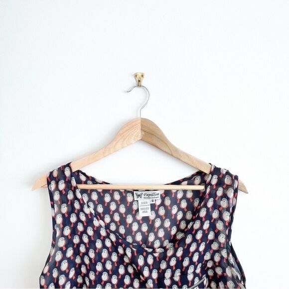 Papillon Blouse Blue w/Gray Birds Tank Top Shirt Women's S Chest Pocket Zippered - Picture 3 of 7